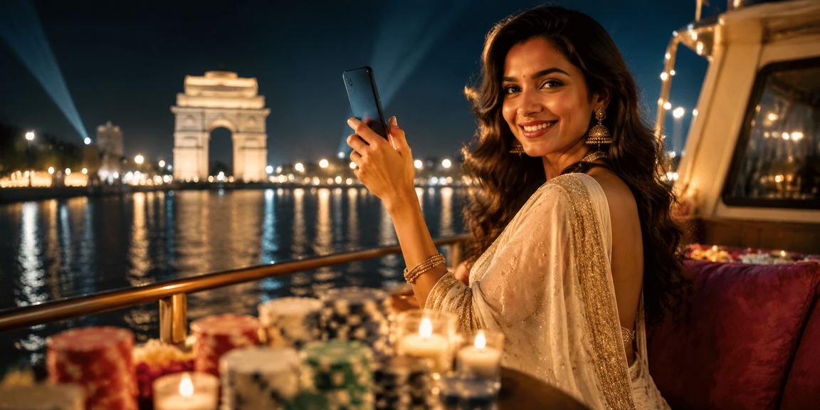 Evening Delhi India Gate with mobile payment and gaming audience